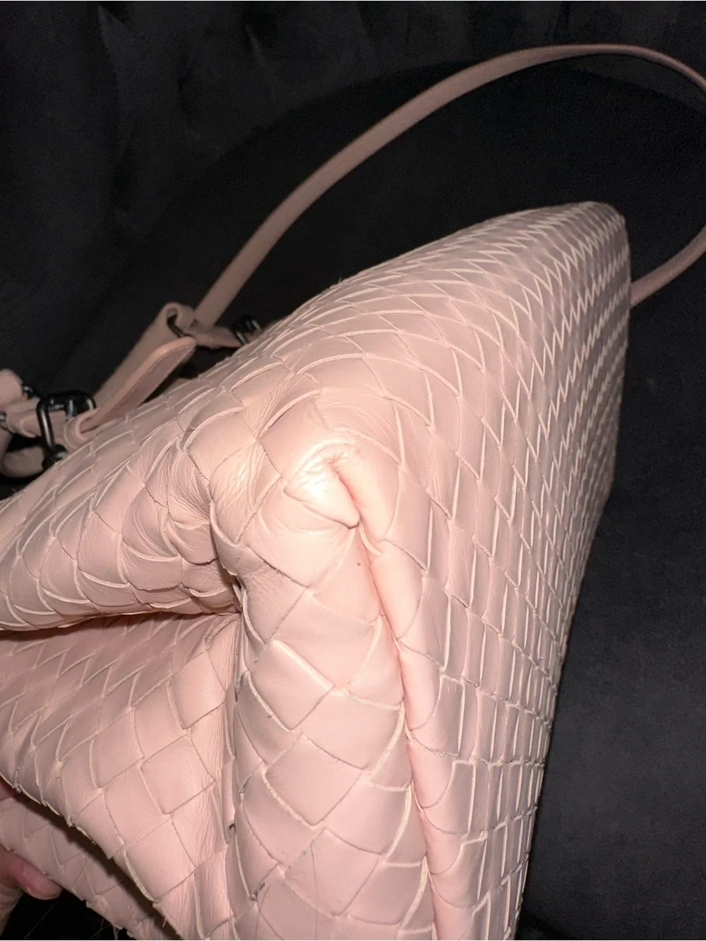 Authentic Bottega Veneta Roma Woven Leather Satchel Handbag in blush pink